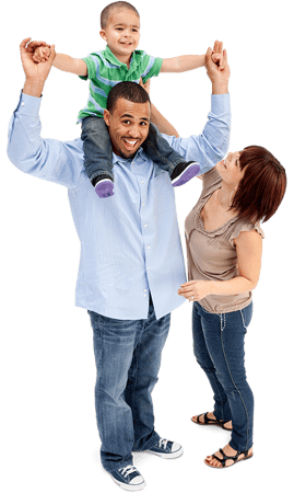 Two parents and a young child being held on his father's shoulders Two parents and a young child being held on his father's shoulders